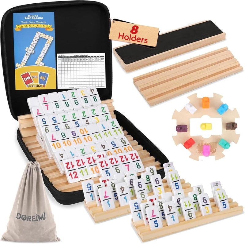 Doreimi Store Mexican Train Dominoes Set with Numbers and 8 Wooden Holders, Double 12 Dominos Set for Kids, Adults Travel Domino Train with 91 Tiles and Upgrated Hub, Classic Board Games for Family Night - Image 1